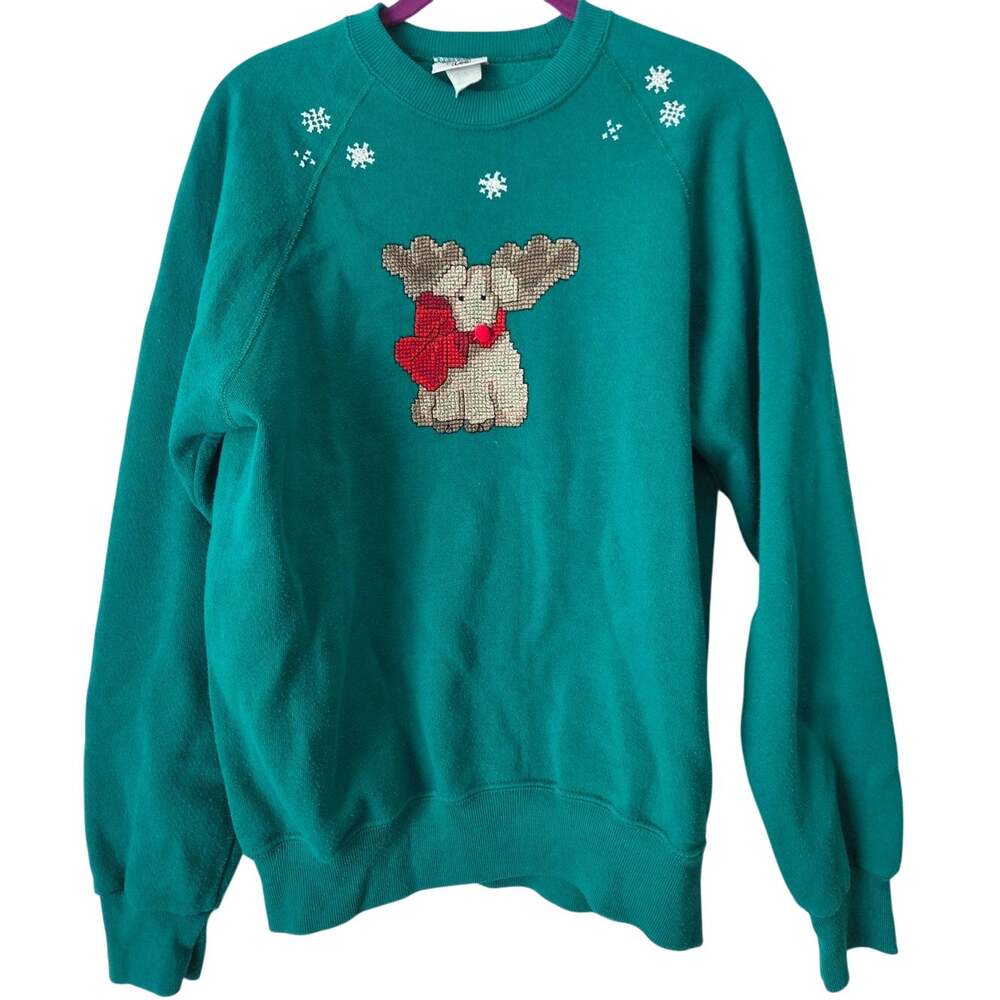 Vintage 80s 90s Green Christmas Sweatshirt Reindeer Embroidered LEE Cotton retro